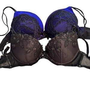 2 PEICE Victoria's Secret Very Sexy Plunge Push Up Bra Womens 34C Purple Lace